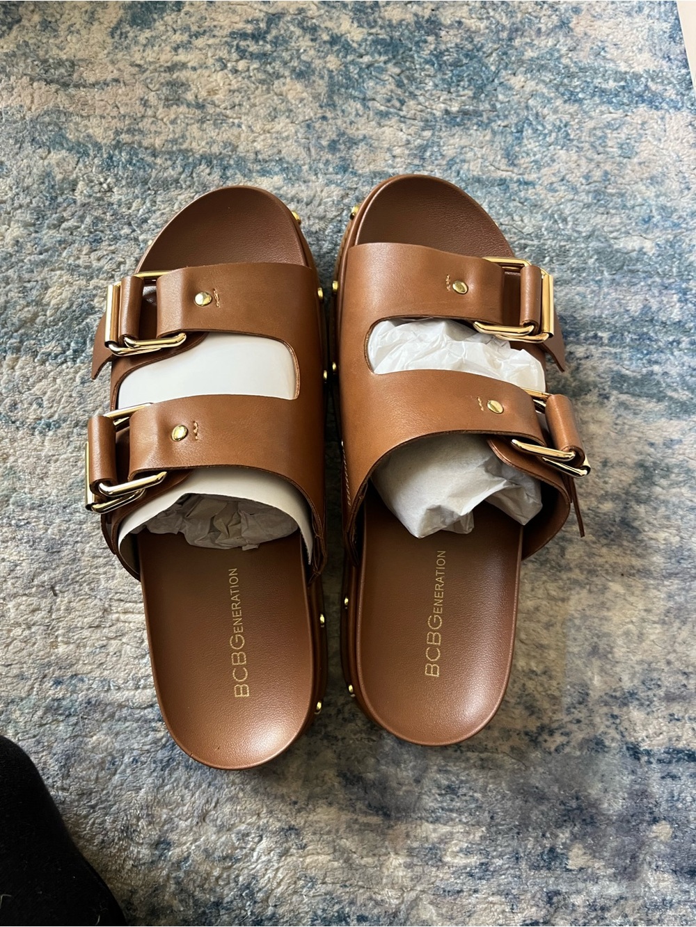 BCBGeneration Brown Dual Strap Platform Sandals with Gold Buckles - Picture 2 of 4